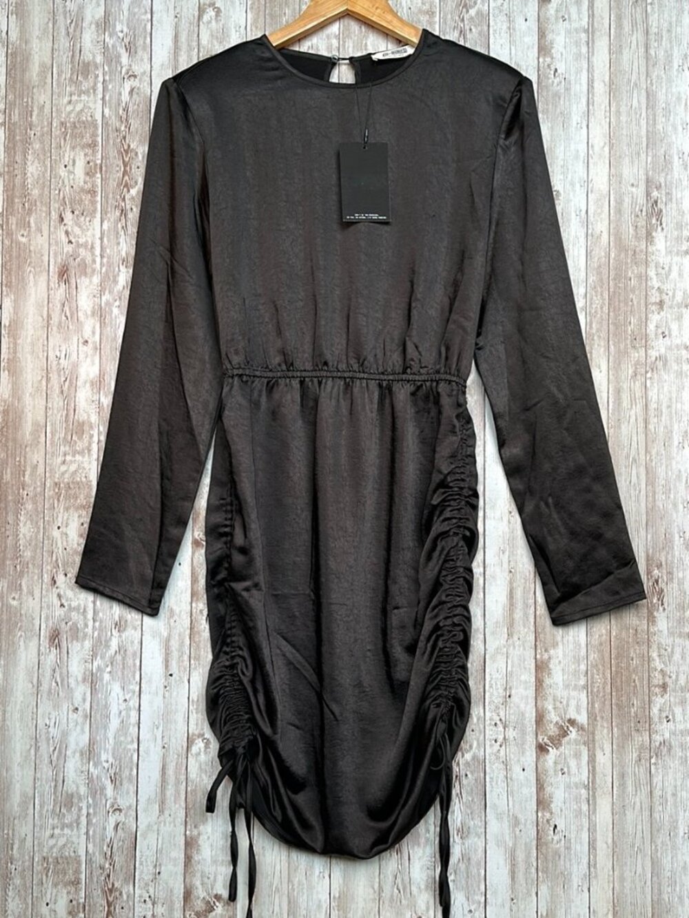 4th & Reckless Mini Dress sz Small Ruched Satin Black Long Sleeve Elastic Waist